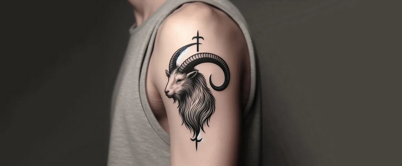 Capricorn zodiac symbol, minimalist style, tattooed on