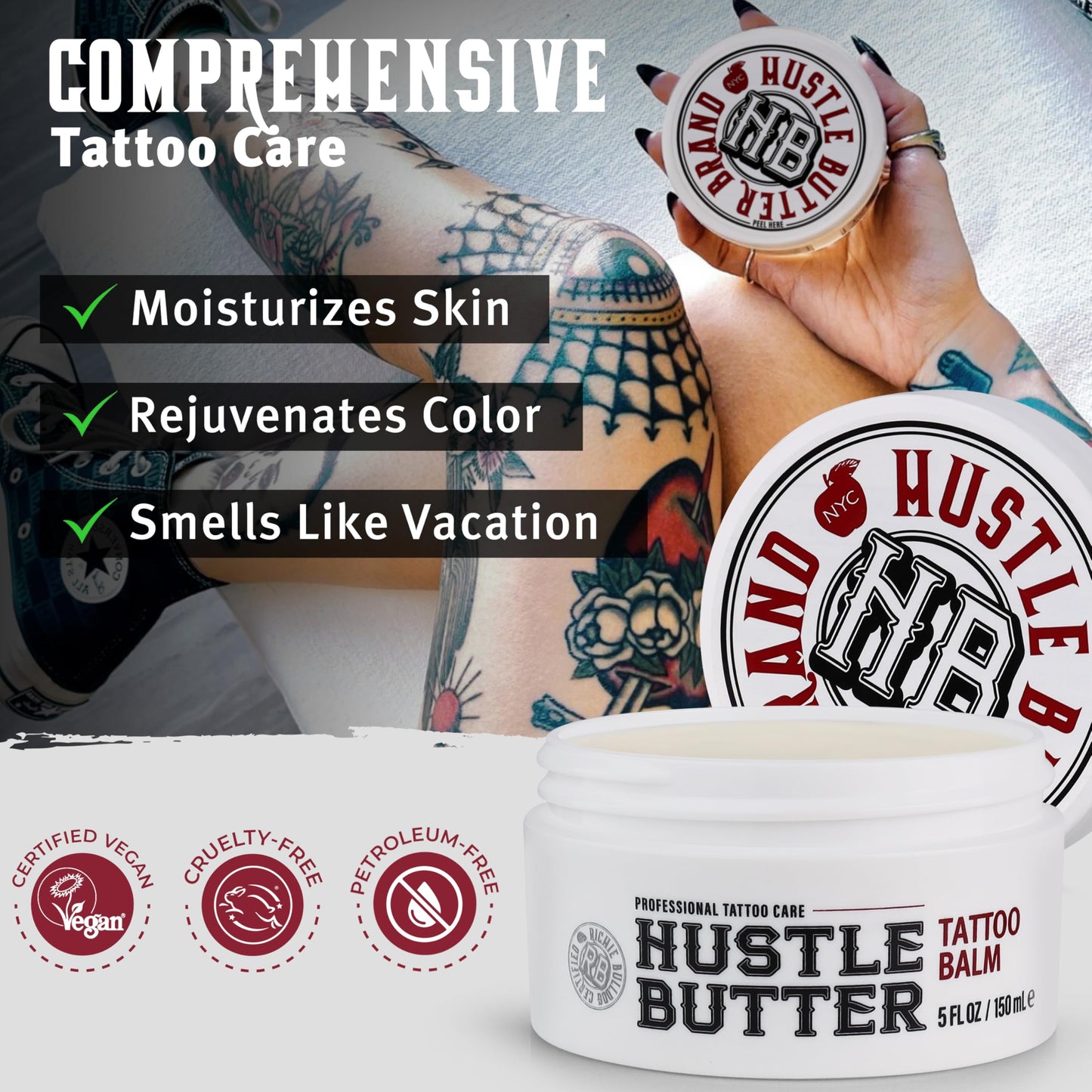 Hustle Butter Tattoo Aftercare 5oz Tattoo Balm, Heals + Protects New Tattoos and Rejuvenates Older Tattoos - 100% Vegan Cream No-Petroleum